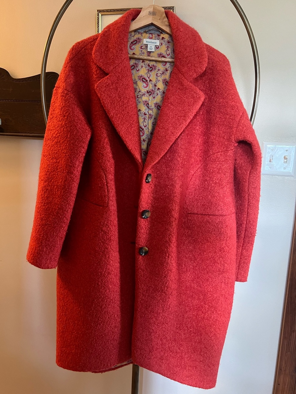Sundance Orange/Red Wool Pea Coat with Notched Lapel. NWOT